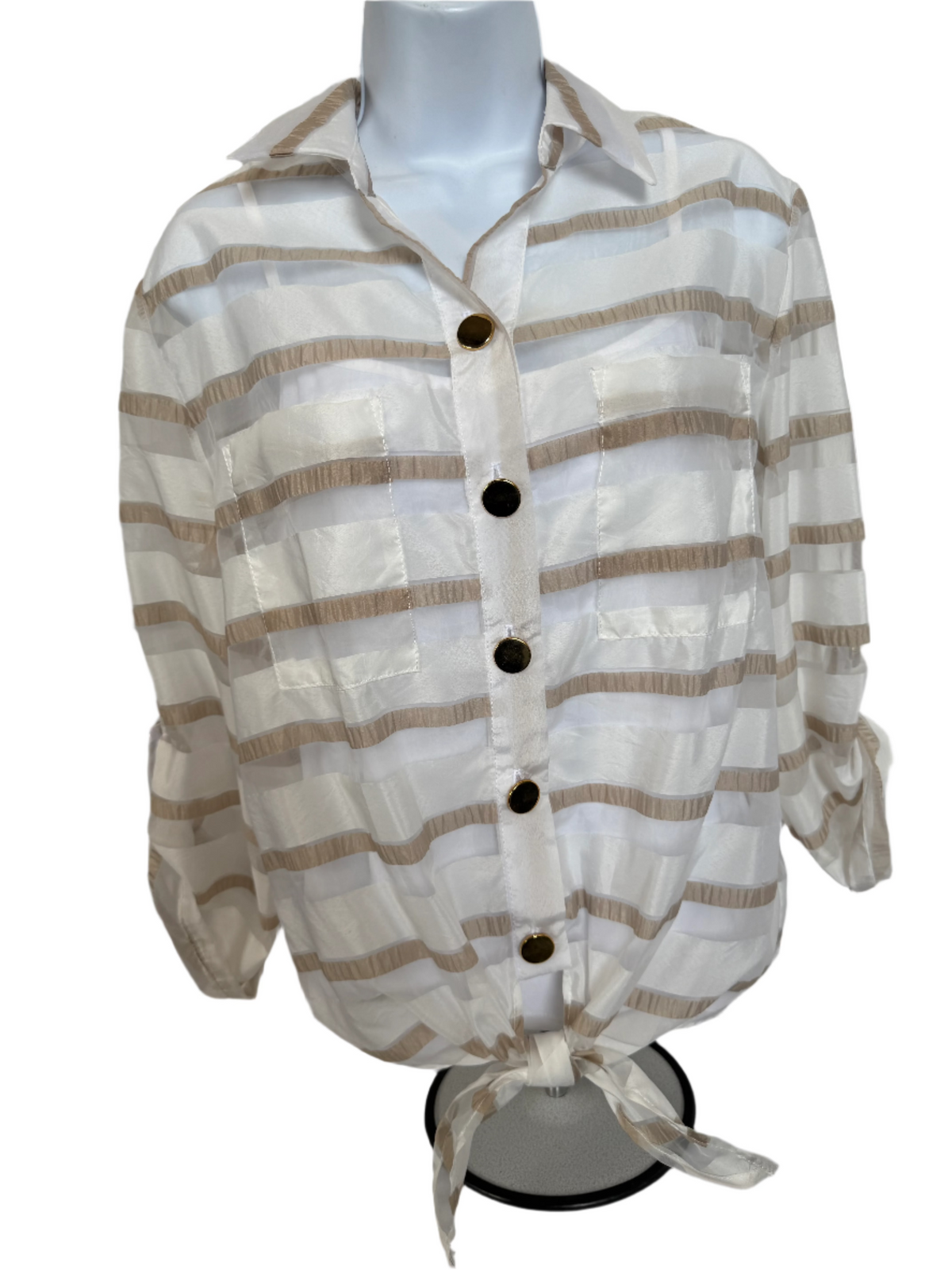 Frank Lyman - White Blouse with Beige Stripes