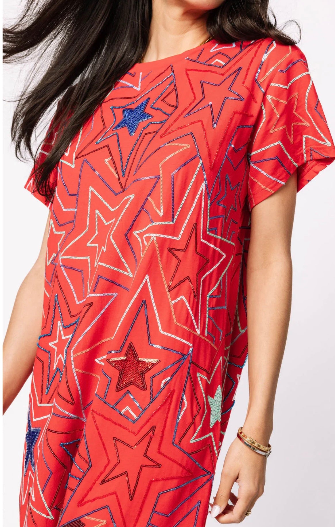 Queen of Sparkles - Red, White, Blue Star Midi Tee Dress