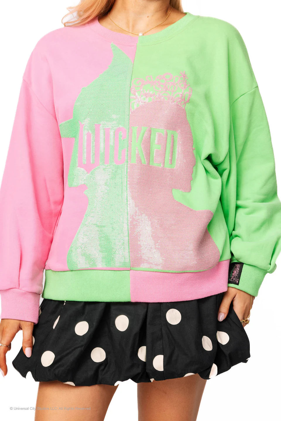 Queen of Sparkles-Green & Pink Colorblock Character Profile 'Wicked' Sweatshirt
