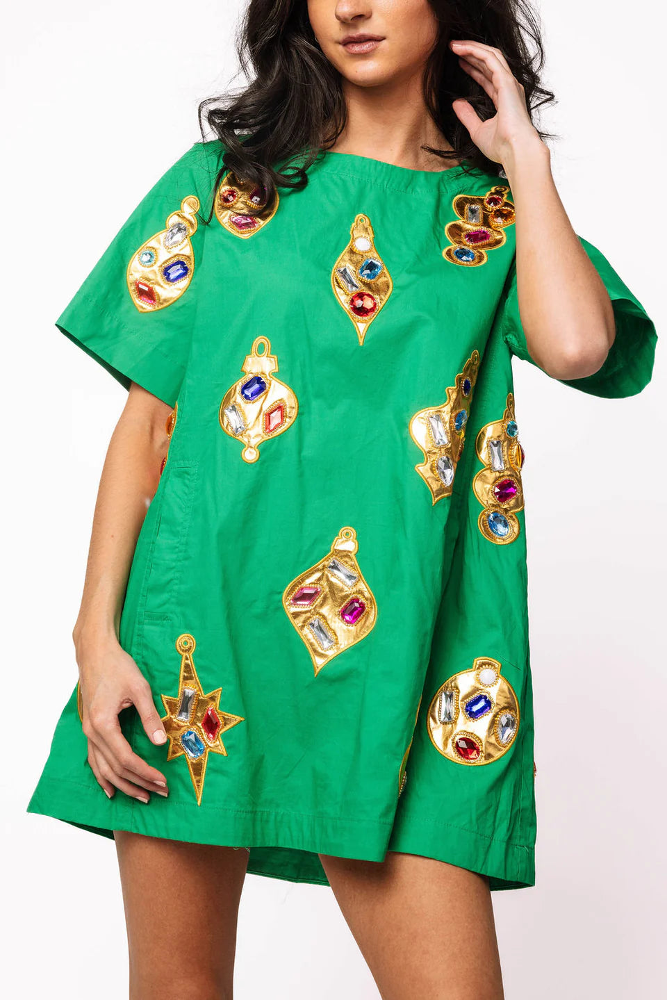 Queen of Sparkles-Green & Gold Jeweled Ornament Cotton Short Sleeve Dress