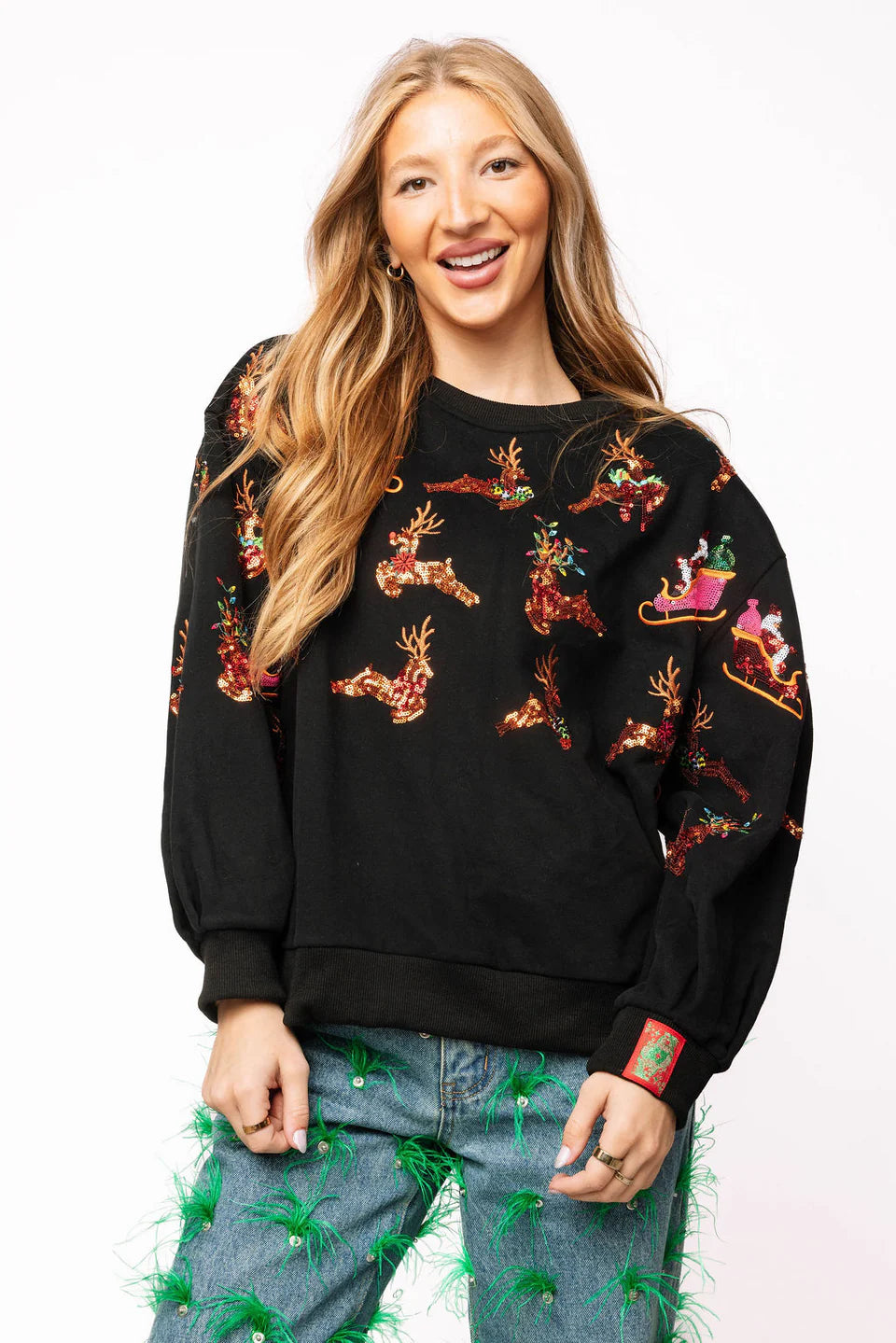 Queen of Sparkles-Black Flying Santa & Reindeer Sweatshirt