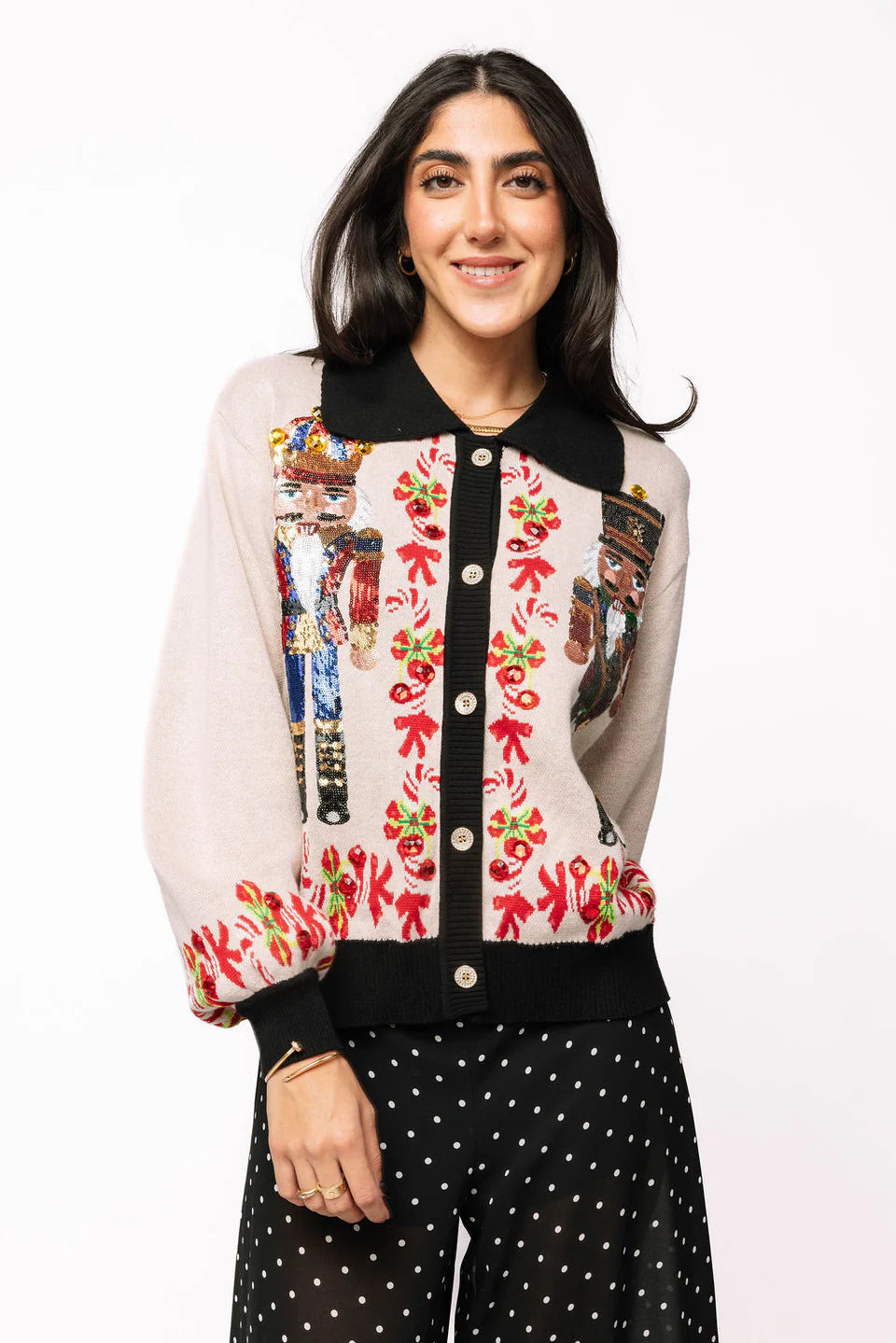 Queen of Sparkles-Black Trim Collar Nutcracker Button Up Cardigan