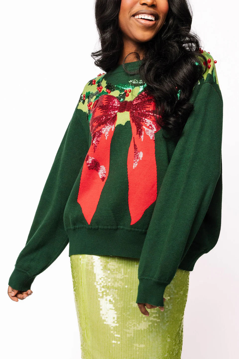 Queen of Sparkles-Dark Green & Red Wreath Garland Sweater