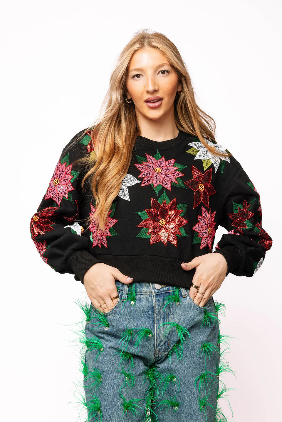 Queen of Sparkles-Black Poinsettia Cropped Sweatshirt