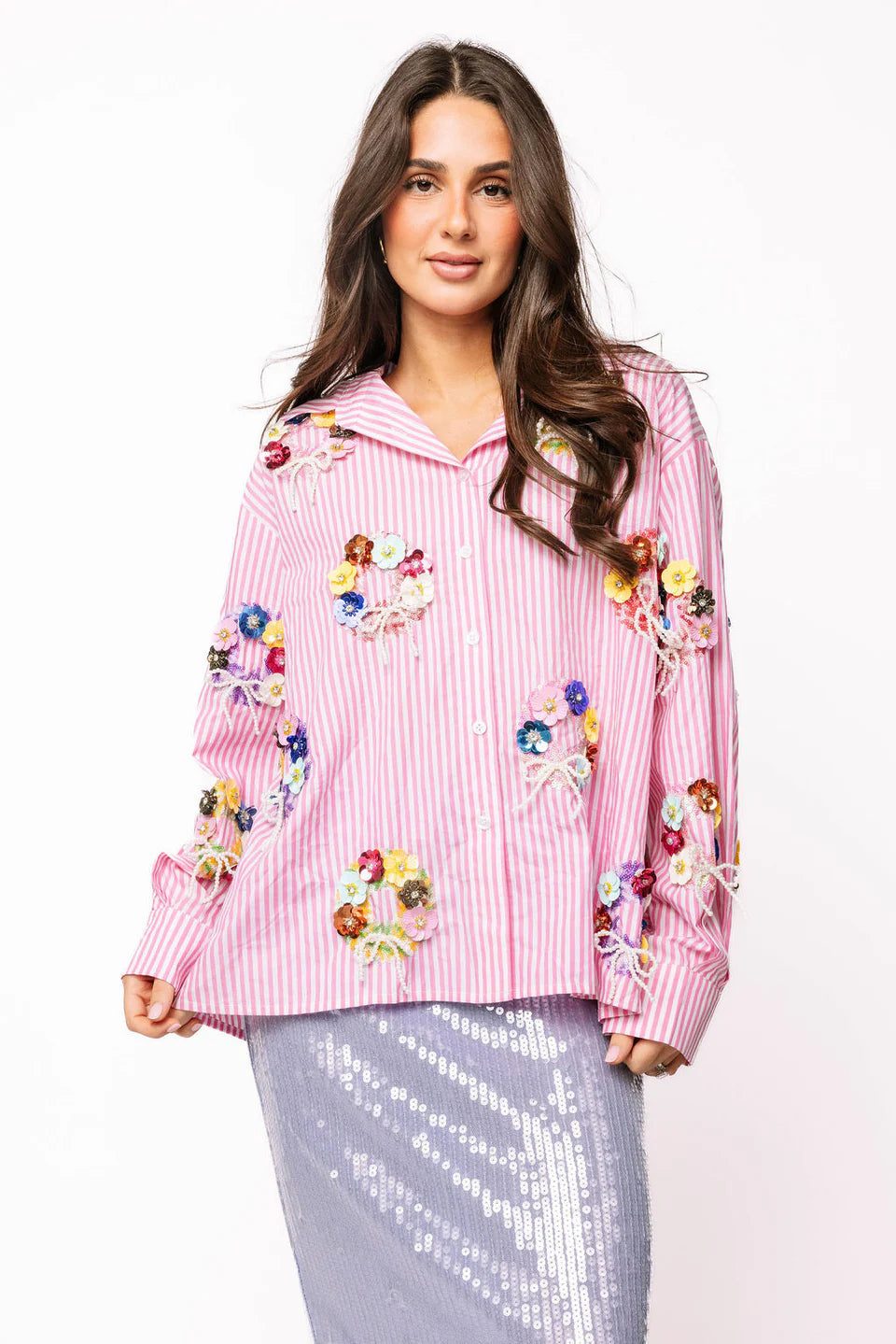 Queen of Sparkles-Pink & White Stripe Sequin Flower Wreath Cotton Button Up Top