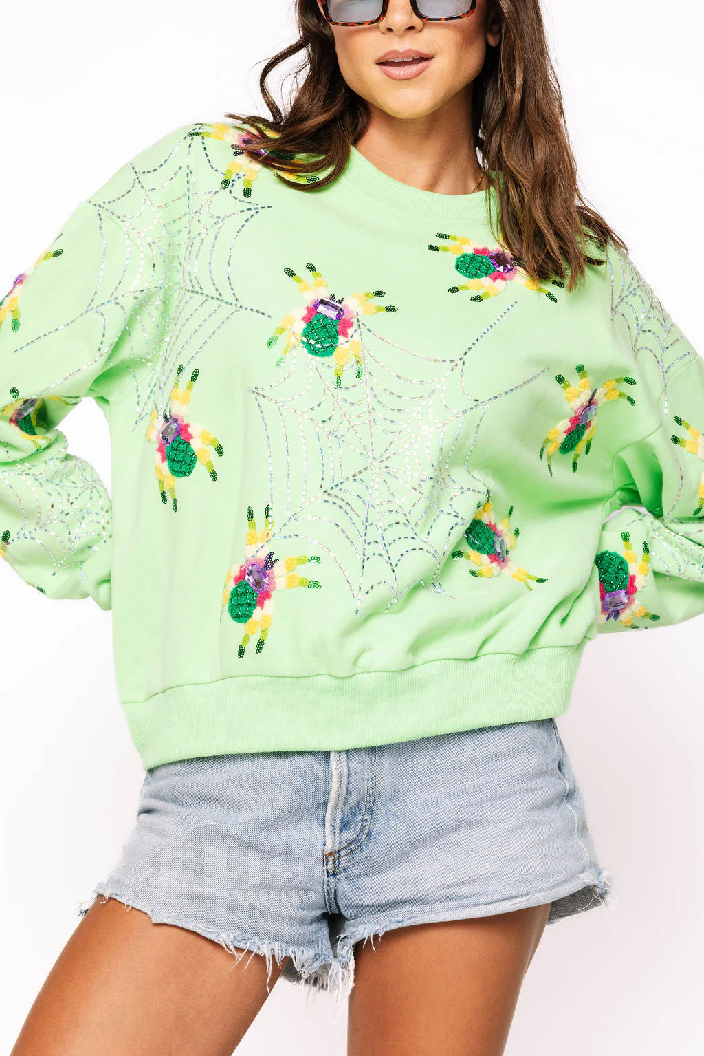 Queen of Sparkles-Neon Green Fuzzy Spider & Web Sweatshirt