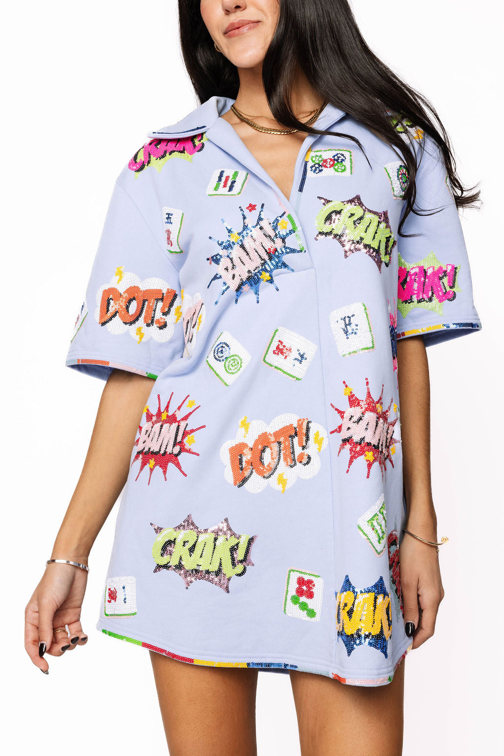 Queen of Sparkles - Powder Blue Mahjong Icon Collar Rainbow Trim Dress