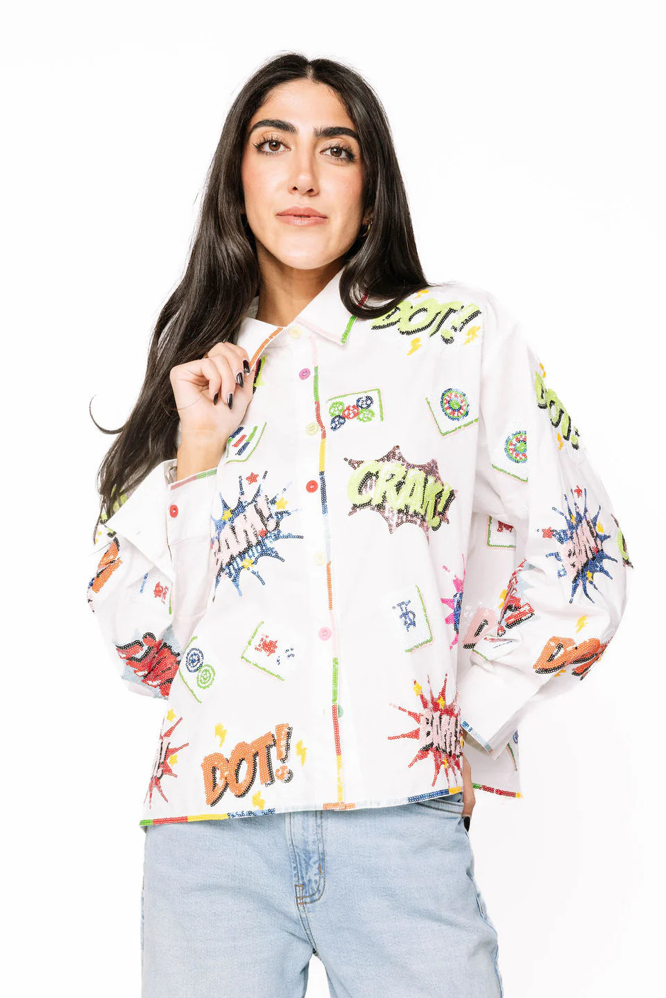 Queen of Sparkles - White Mahjong Icon Rainbow Trim Collared Top