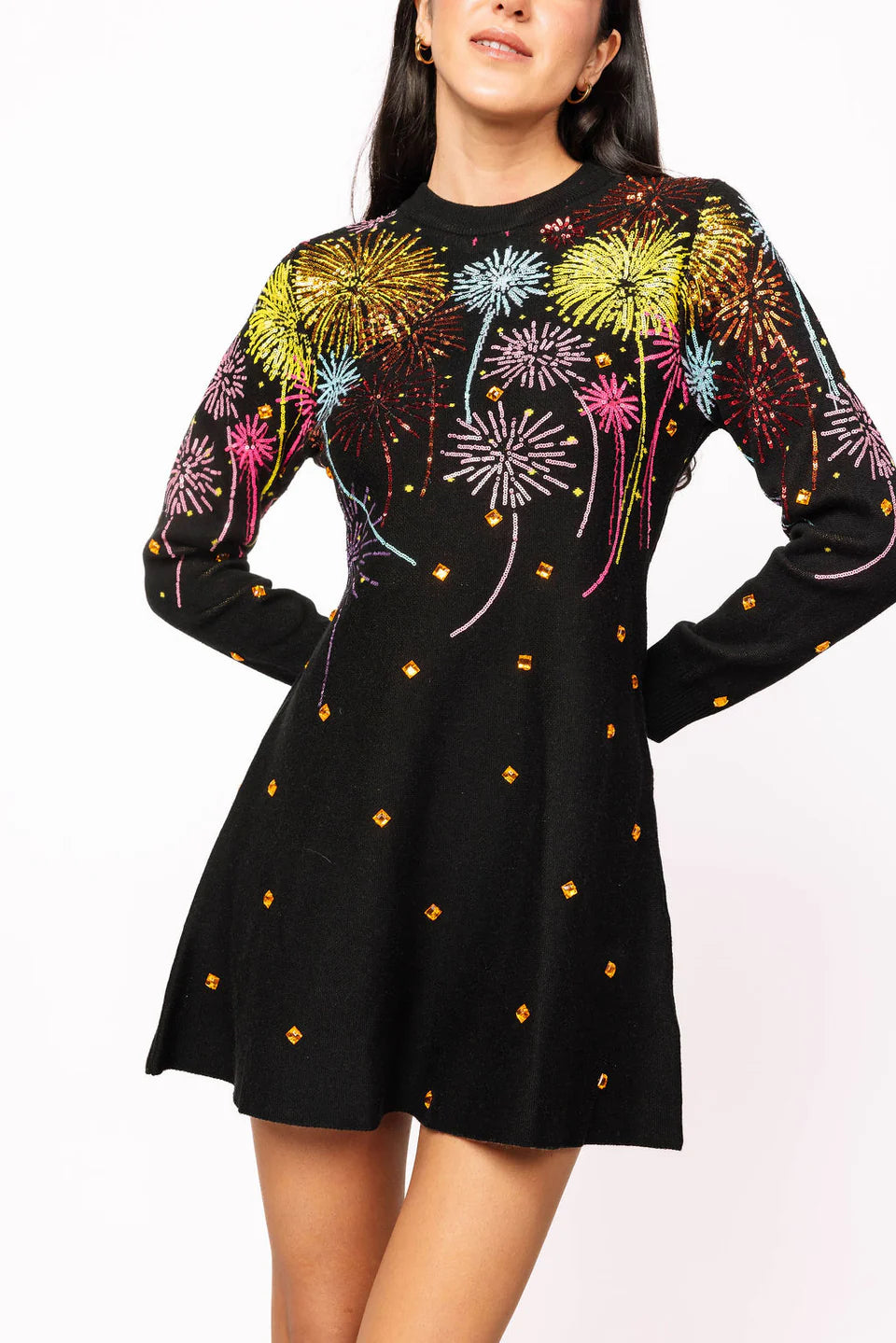 Queen of Sparkles-Black Multi Rainbow Firework Jeweled Sweater Dress