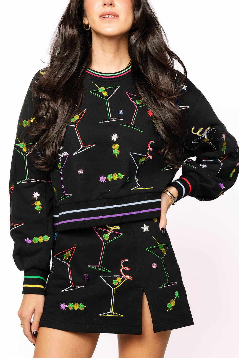 Queen of Sparkles -Black Multi Rainbow Trim Martini Sweatshirt