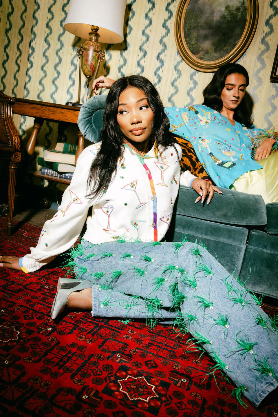 Queen of Sparkles-White Multi Cosmo & Martini Button Up Cardigan With Rainbow Trim