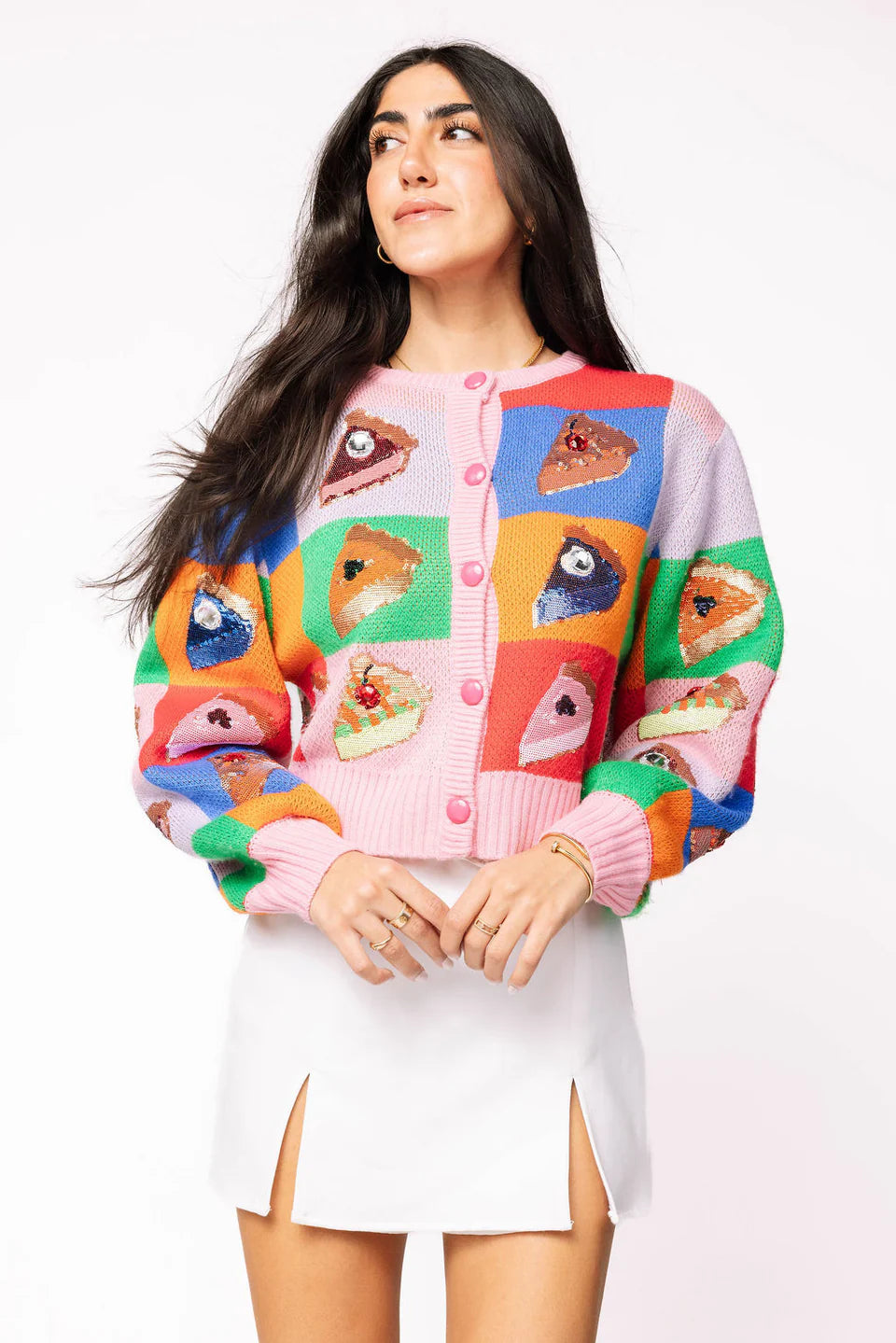 Queen of Sparkles-Rainbow Colorblock Piece of Pie Button Up Sweater