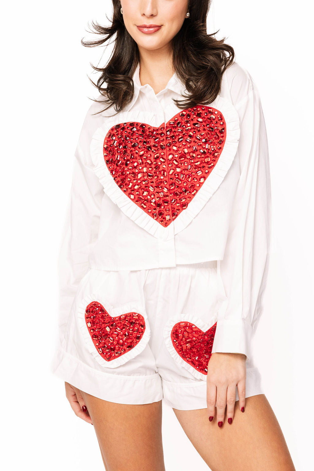 Queen of Sparkles-White Button Shirt Big Red Rhinestone Heart