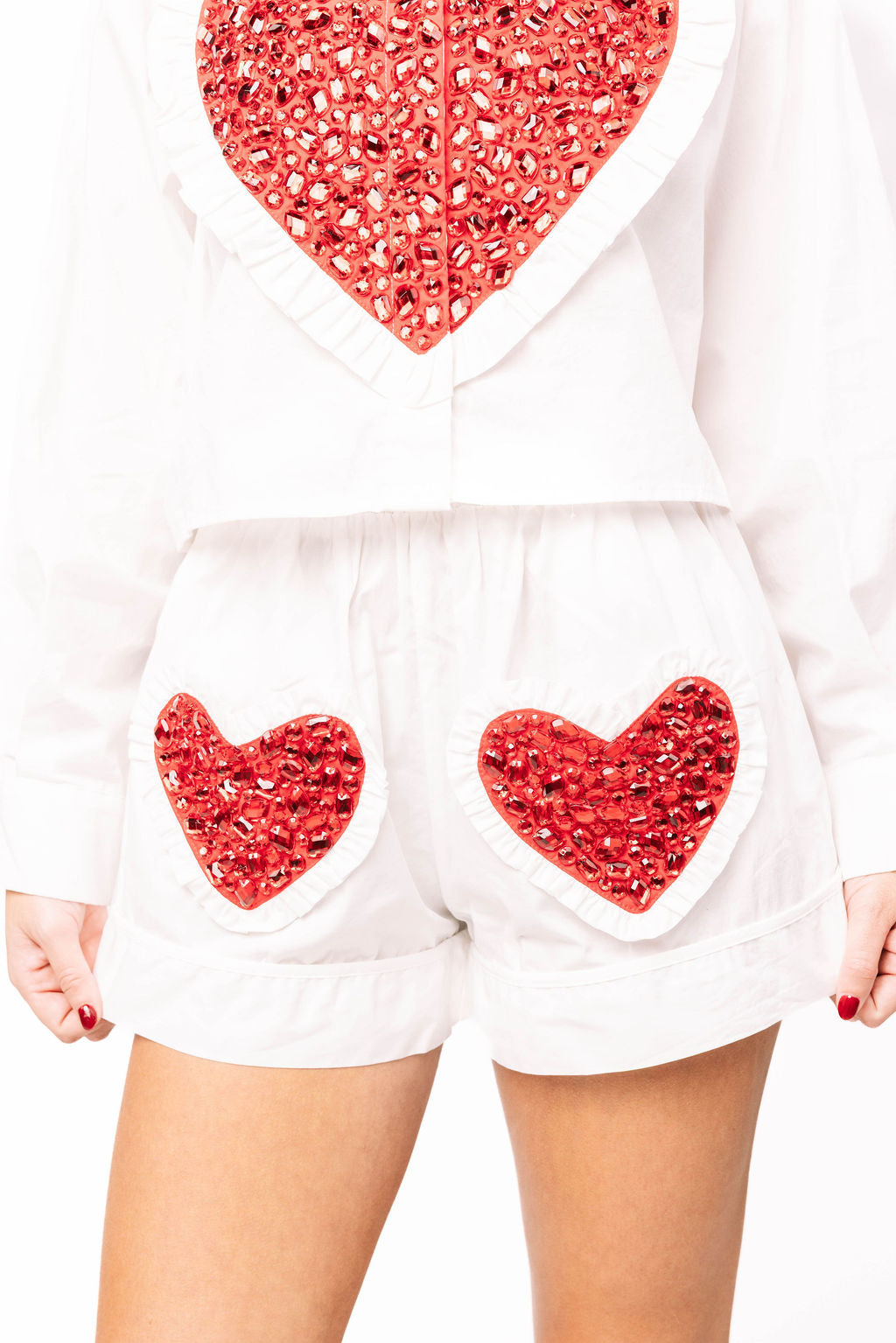 Queen of Sparkles-White Shorts with Red Rhinestone Hearts